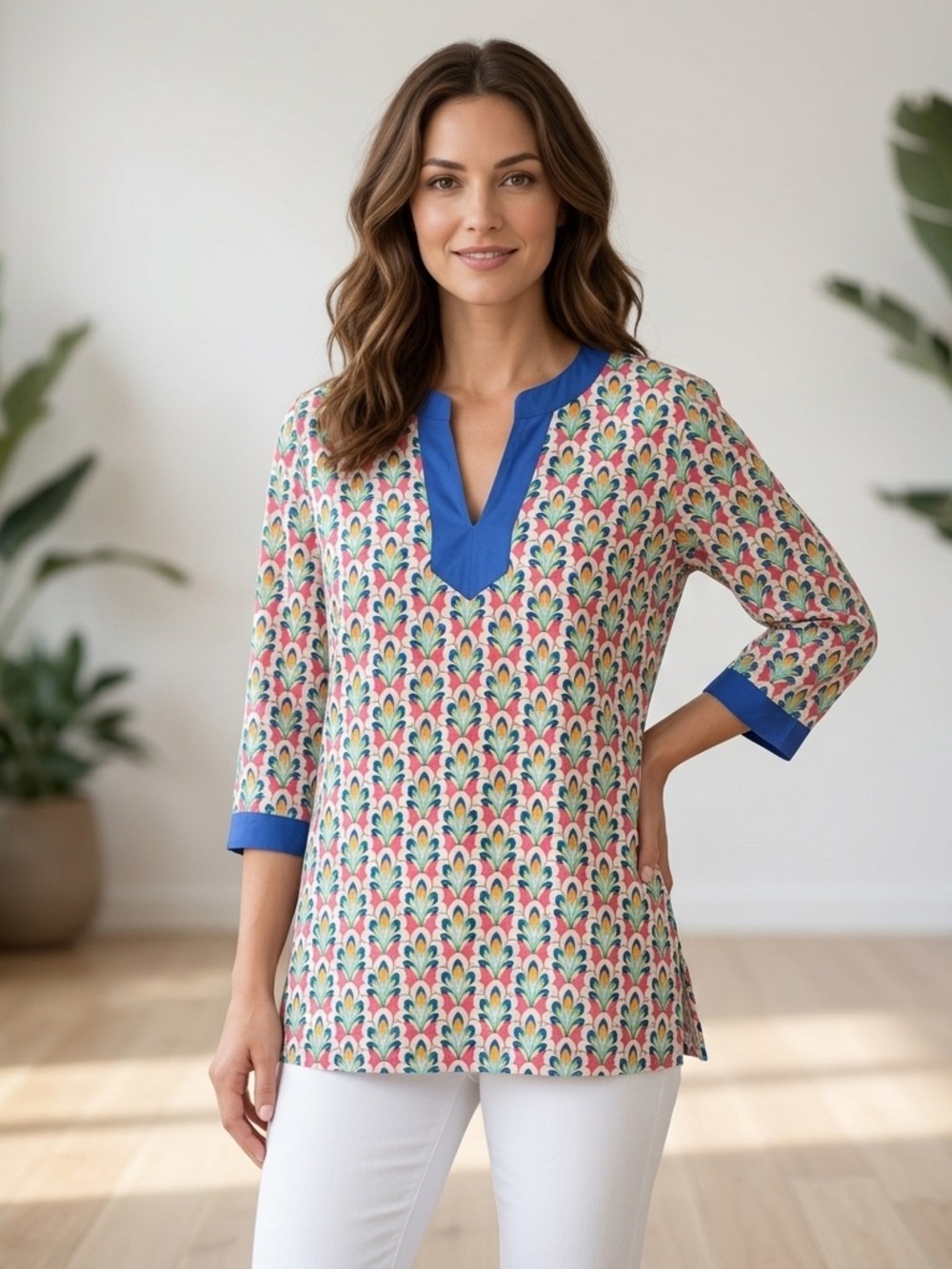 Talbots Breezy Cotton Split Neck Tunic with Blue Trim Coastal Boho Size L